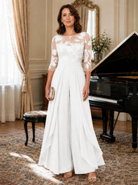 Lace Applique Wide-Leg Chiffon Mother of the Bride Jumpsuit