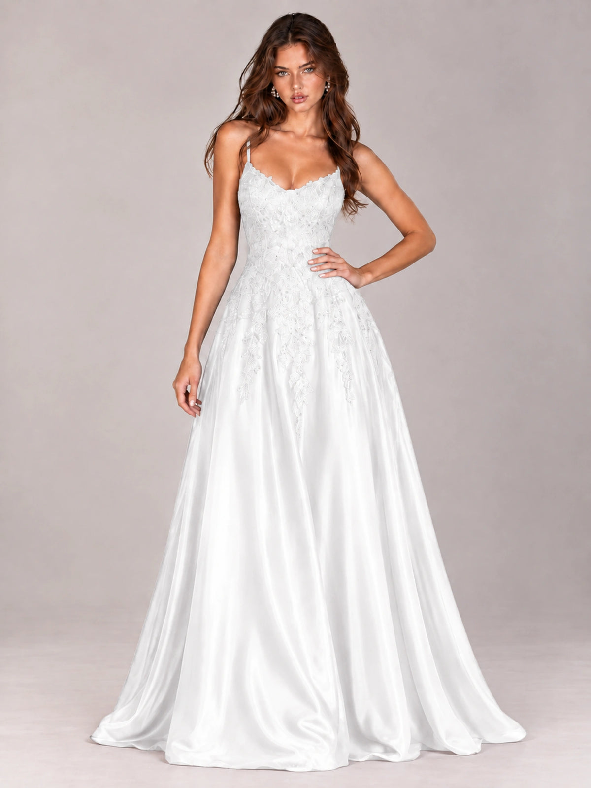 Lace Applique Satin A-Line Prom Dress with Sheer Bodice