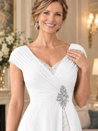 Pleated Chiffon Lace Mother of The Bride Dresses with Beading Cap Sleeves