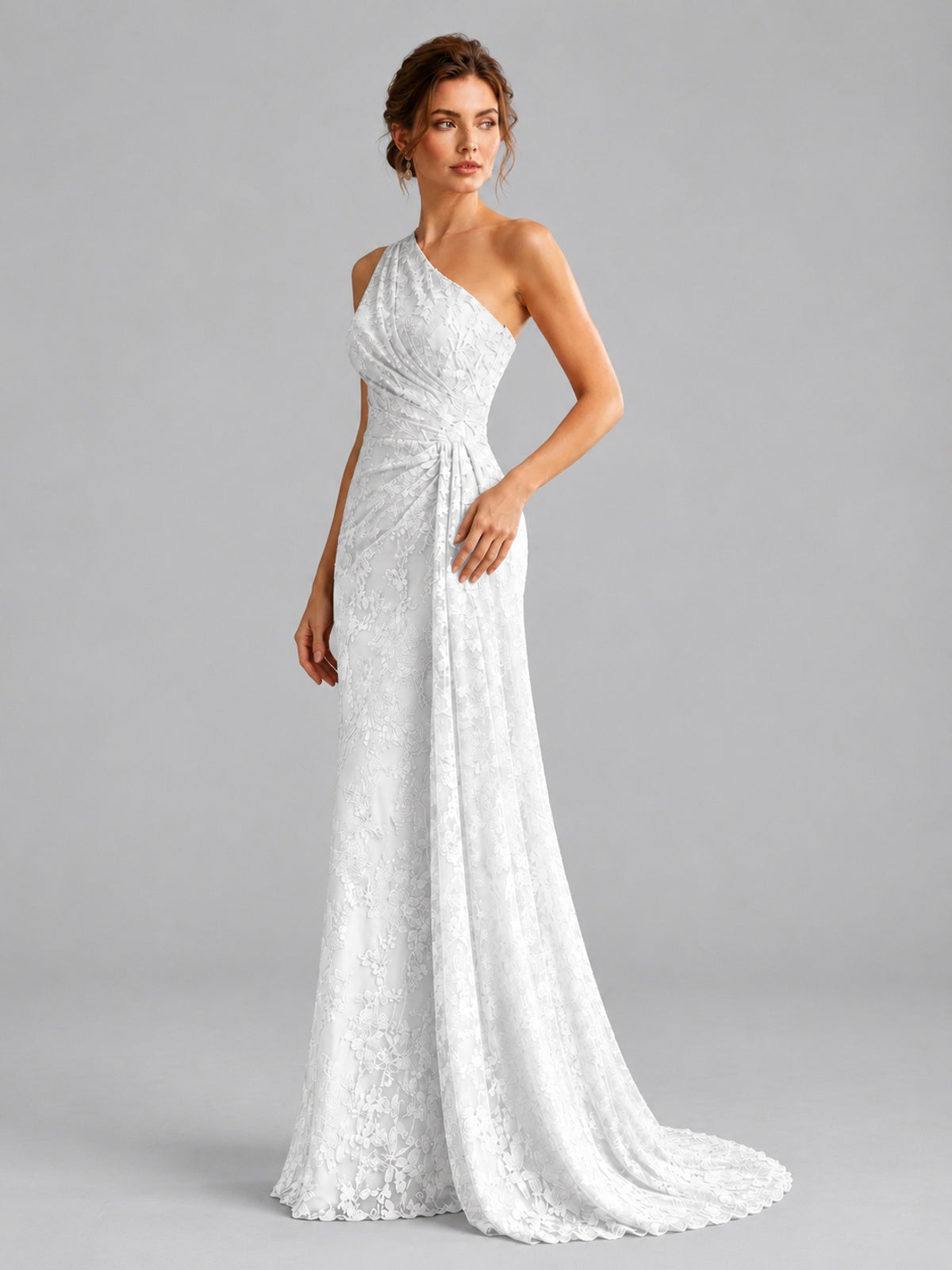 One-Shoulder Ruched Floral Lace Floor-Length Prom Dress