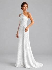 One-Shoulder Ruched Floral Lace Floor-Length Prom Dress
