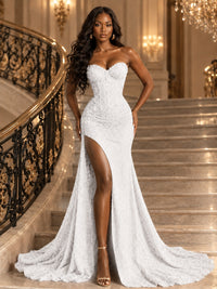 Beaded Sequin Prom Dress Strapless Formal Gowns with High Slit Train