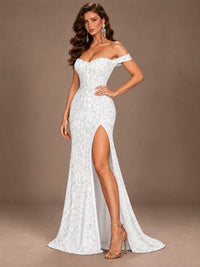 Off the Shoulder Corset Sequin Mermaid Prom Dress with Slit