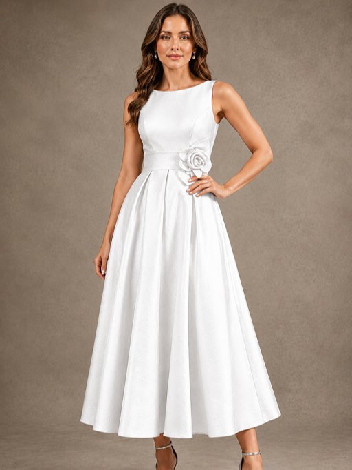 Tea-Length Satin Mother of the Bride Dress with 3D Flower Detail