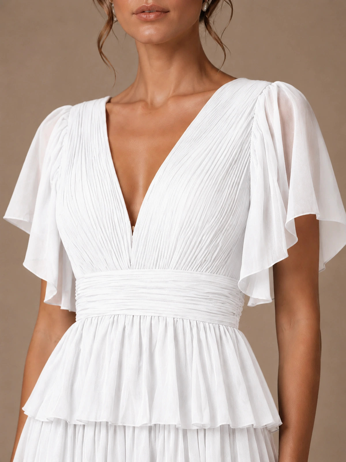 Chiffon V-Neck Tiered Ruffle Bridesmaid Dress with Slit