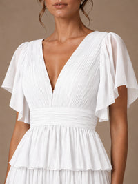 Chiffon V-Neck Tiered Ruffle Bridesmaid Dress with Slit