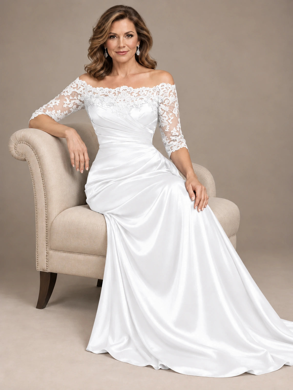 Satin Mother of the Bride Dress with Lace Sleeves Off Shoulder Formal Gown