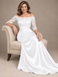 Satin Mother of the Bride Dress with Lace Sleeves Off Shoulder Formal Gown