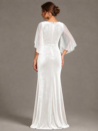 Navy Blue Velvet V Neck Mermaid Formal Dress with Flutter Cape Sleeves