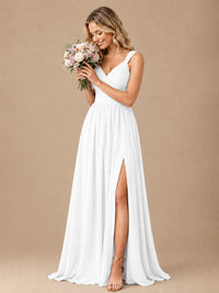 Pleated Chiffon V Neck Wedding Bridesmaid Dresses Floor Length with Slit