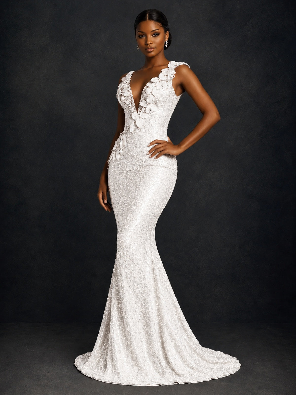 Gold Sequin Floral Applique Mermaid Prom Dress