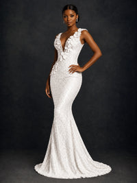 Gold Sequin Floral Applique Mermaid Prom Dress