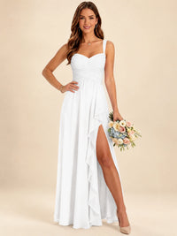 Spaghetti Straps Pleated Chiffon Bridesmaid Dress with Ruffle Slit