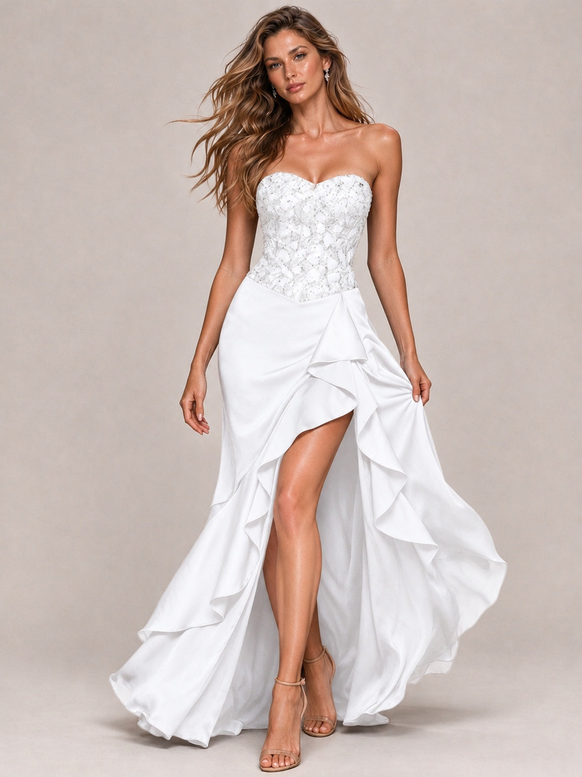 Strapless Lace Appliques Corset Satin Prom Dress Ruffle Slit Evening Gown