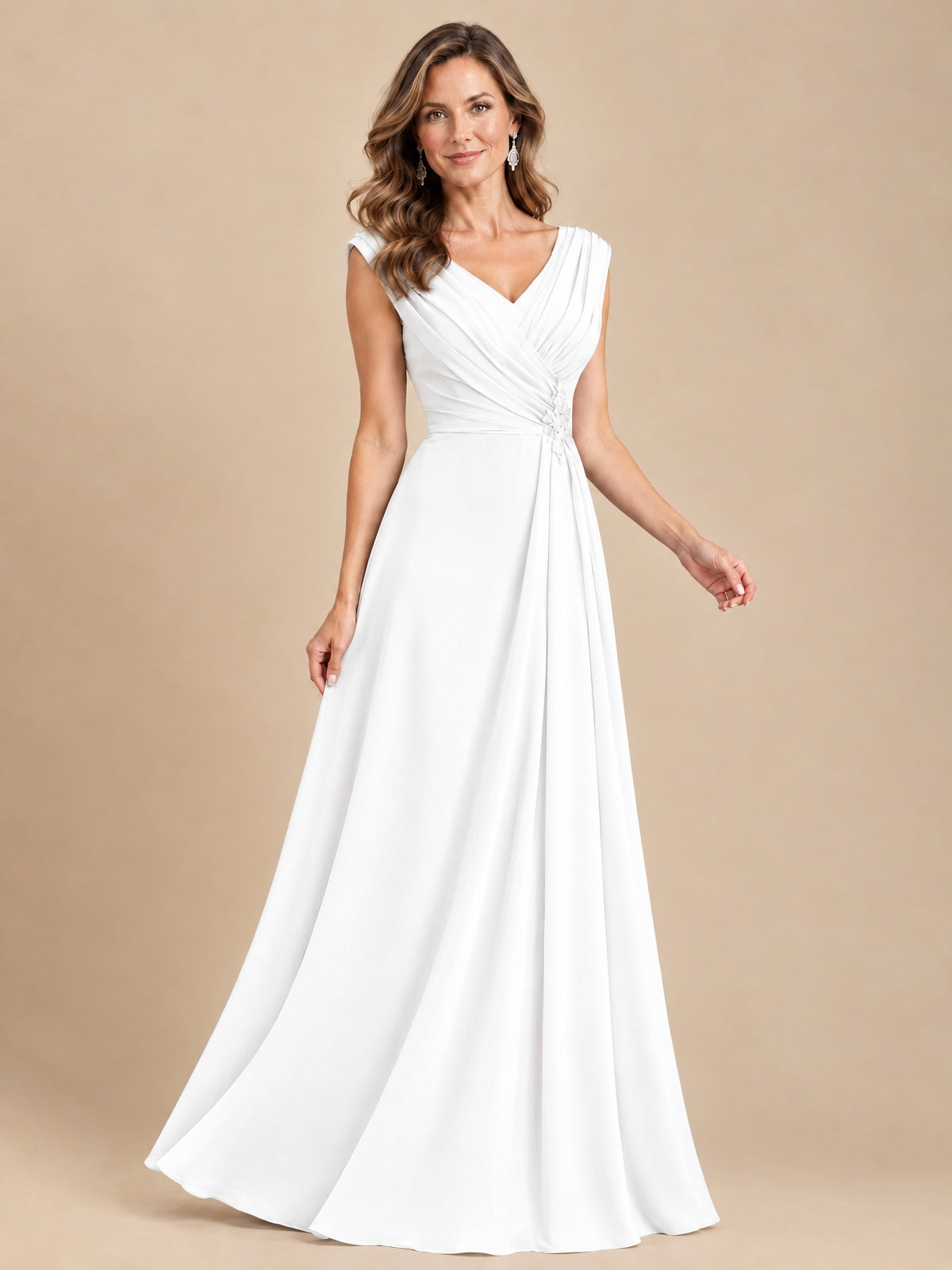 V Neck Pleated Mother of The Bride Dresses with Beading Cap Sleeves