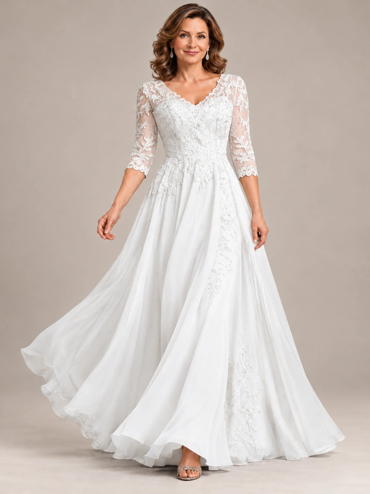 Sequin Lace A-Line Mother of the Bride Dress with 3/4 Sleeves