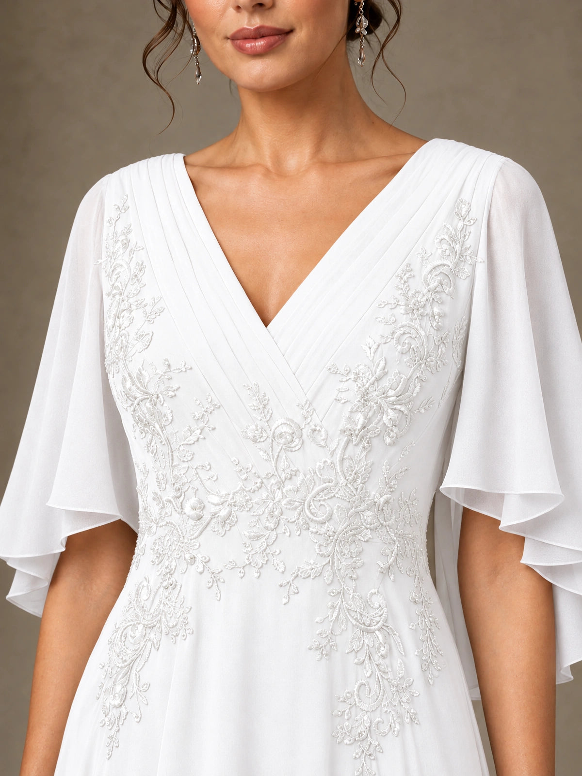 V-Neck Chiffon Lace Mother of the Bride Dress with Flutter Sleeves