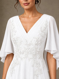 V-Neck Chiffon Lace Mother of the Bride Dress with Flutter Sleeves