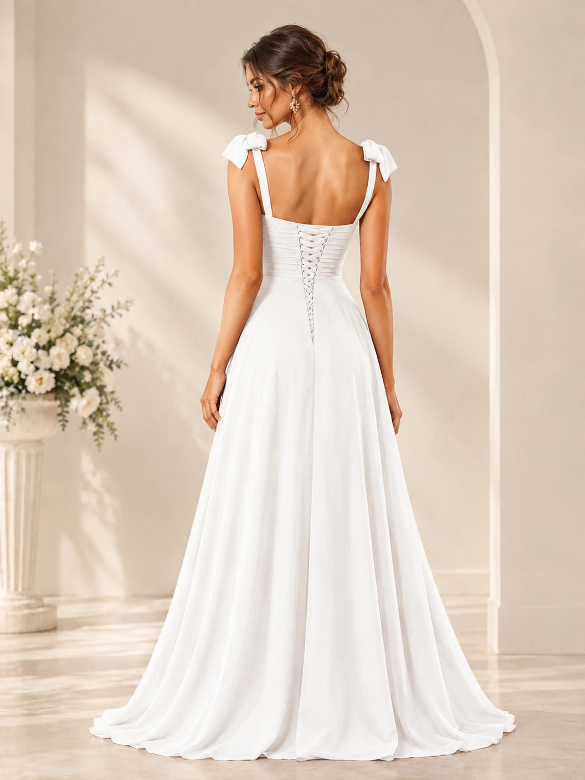 Ruffle Slit Chiffon A Line Scoop Neck Bridesmaid Dresses with Pockets