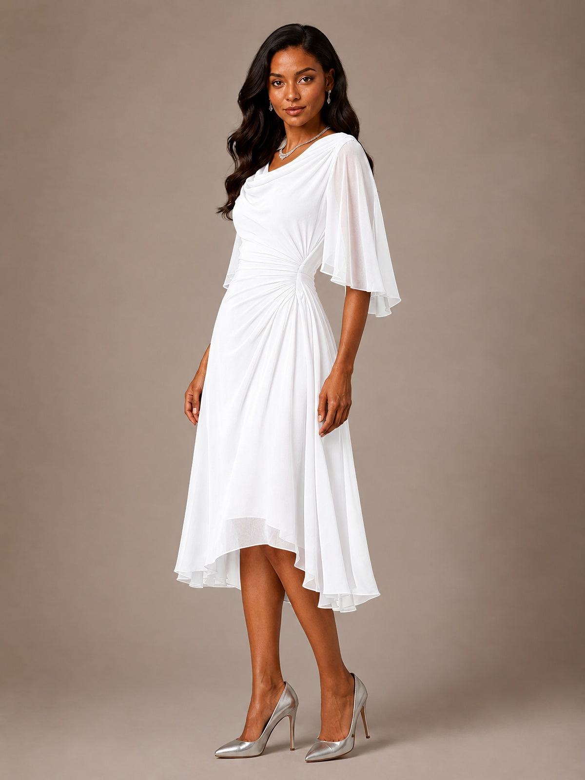 Cowl Neck Ruched Chiffon Mother of the Bride Dresses with Flutter Sleeves