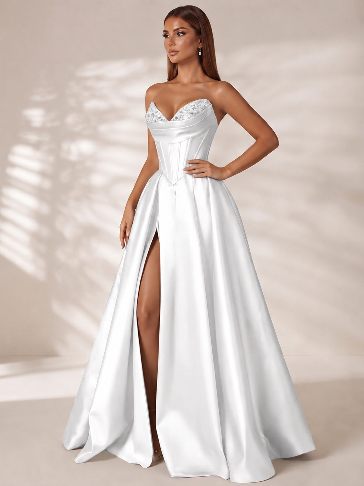 Strapless Corset Satin Prom Dress Long Evening Gown with High Slit