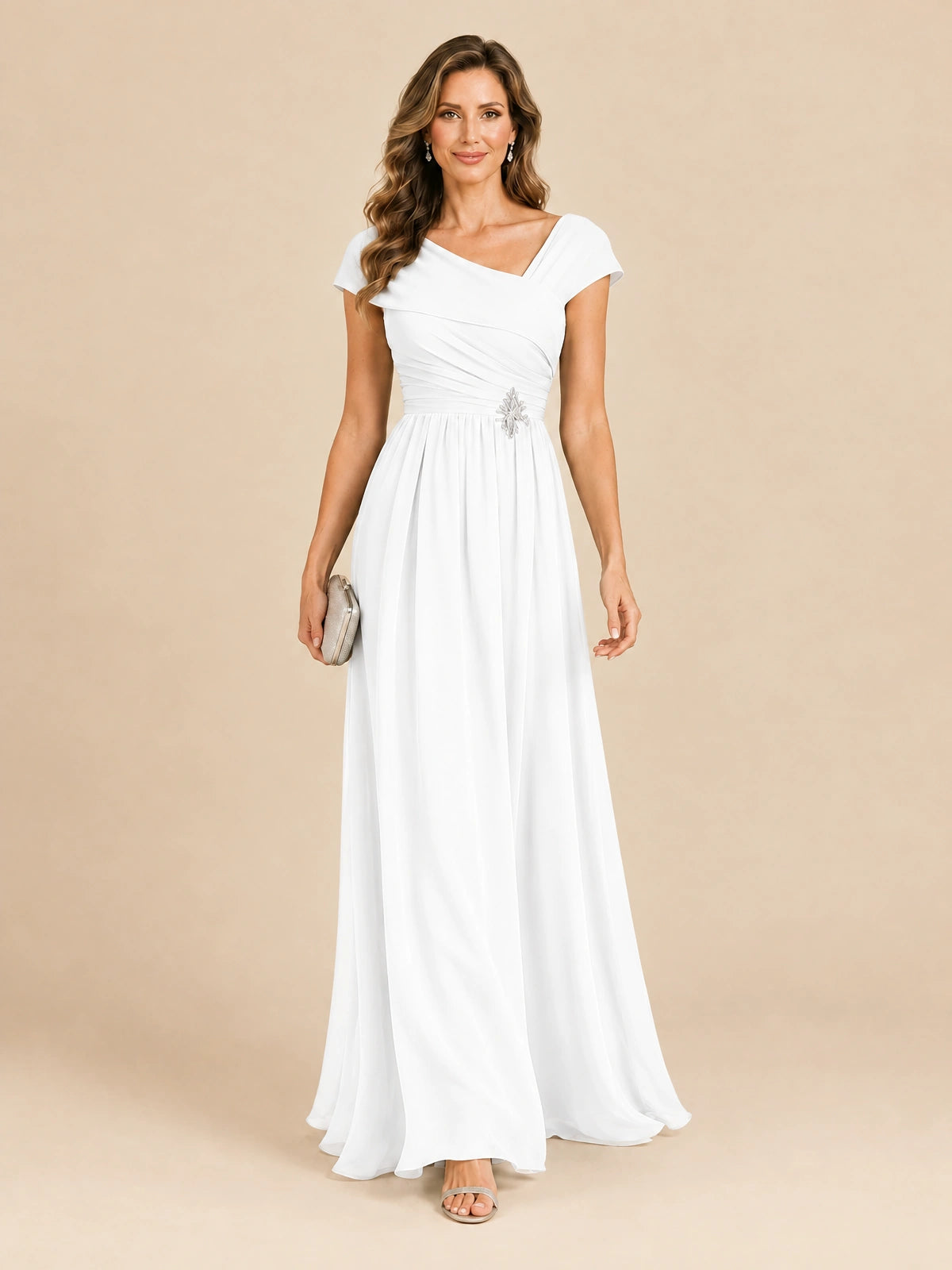 Cap Sleeve Mother of The Bride Dresses Long Chiffon Formal Gowns