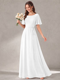 Scoop Neck A-line Chiffon Bridesmaid Dress with Flutter Sleeve & Belt