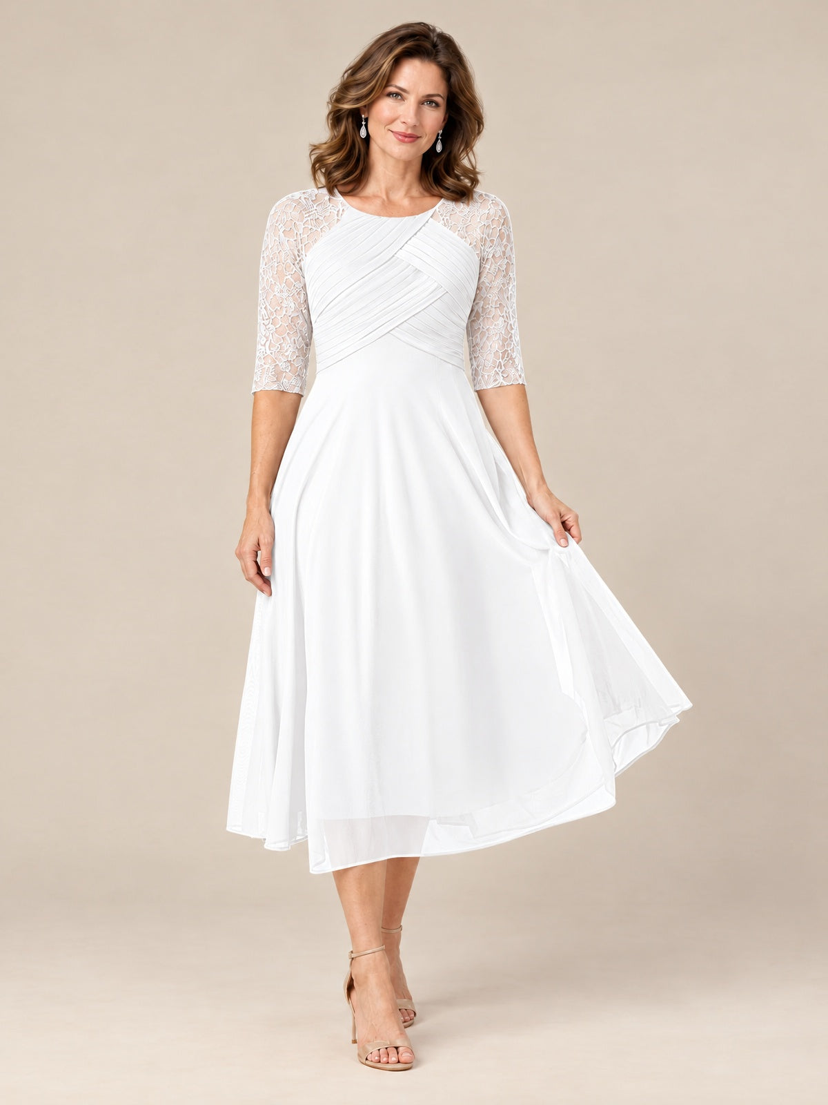 Tea-Length Mother of the Bride Dress with Lace 3/4 Sleeves
