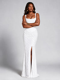 Sequin Corset Mermaid Prom Dress with Square Neck Wide Strap High Slit