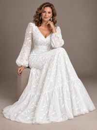 Floral Sequin Embroidered A-Line Mother of the Bride Dress with Long Sleeves
