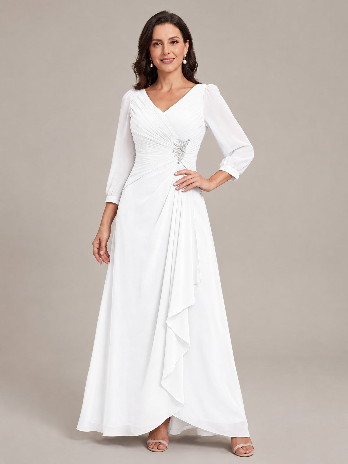 V-Neck Pleated Chiffon Mother of the Bride Dress with Flutter Sleeves