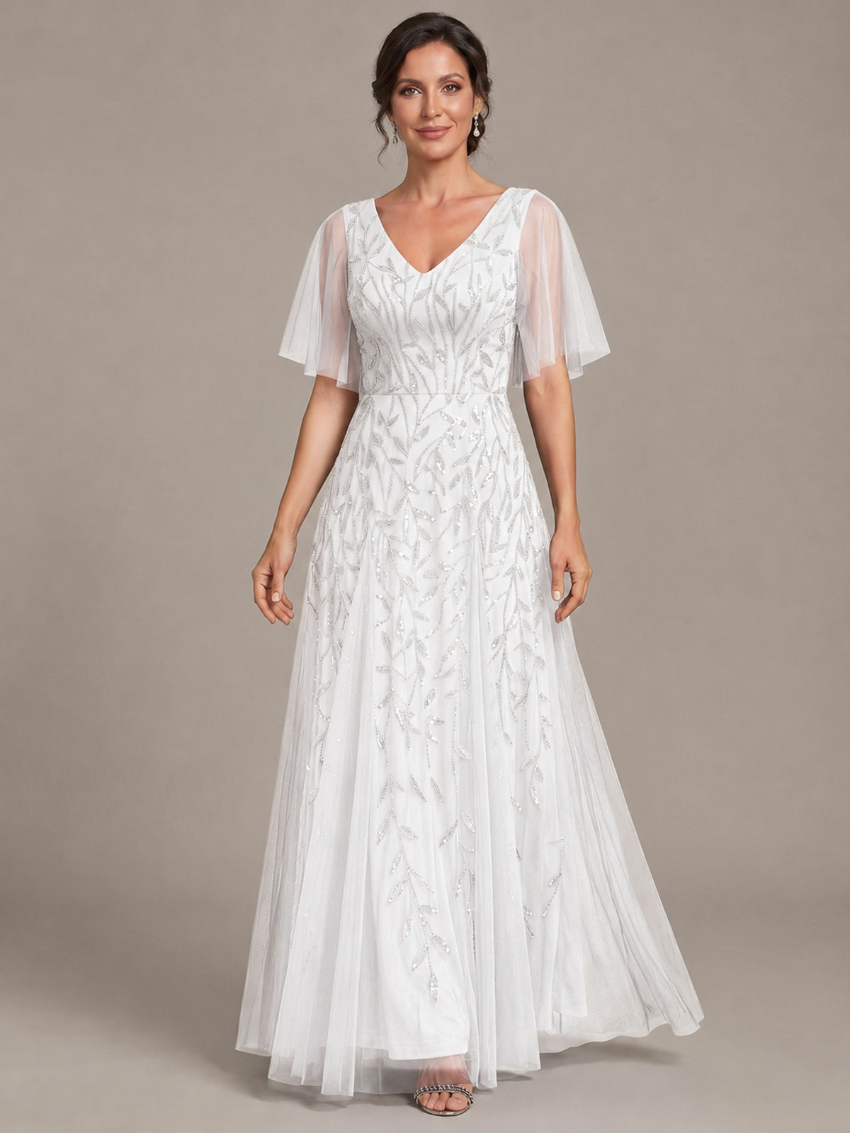 V-Neck Sequin Tulle Mother of the Bride Dress with Flutter Sleeve