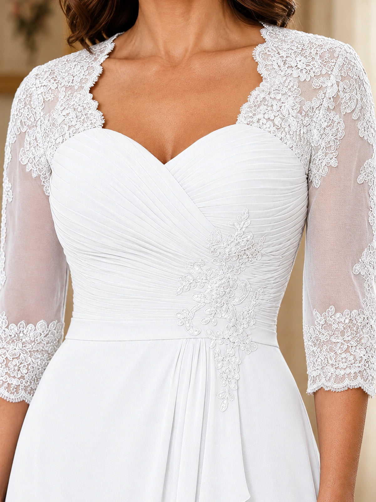 Chiffon Lace Applique Mother of the Bride Dress with 3/4 Sleeves