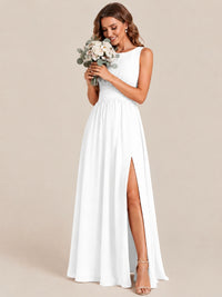 A-line Sleeveless Rucehd Chiffon Bridesmaid Dress with High Slit