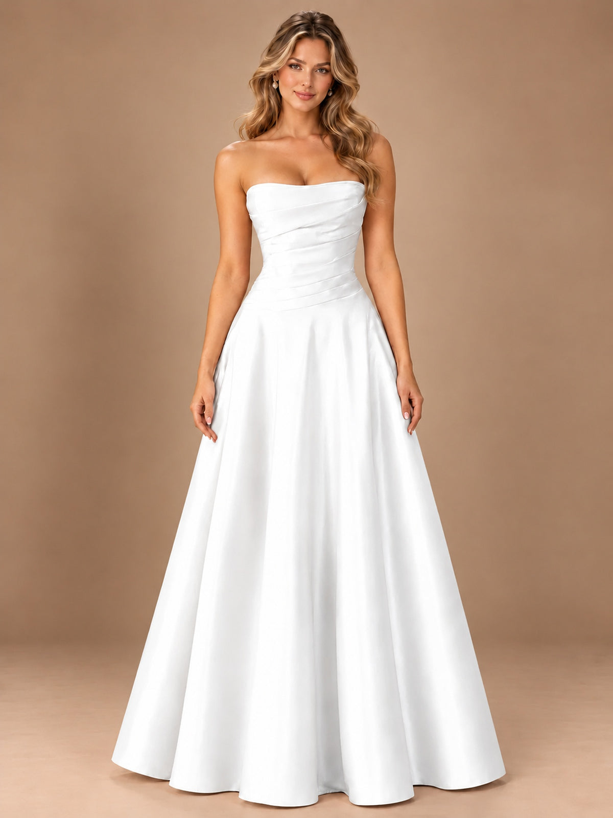 Blush Pink Strapless Satin A-Line Prom Dress with Ruched Bodice