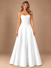 Blush Pink Strapless Satin A-Line Prom Dress with Ruched Bodice