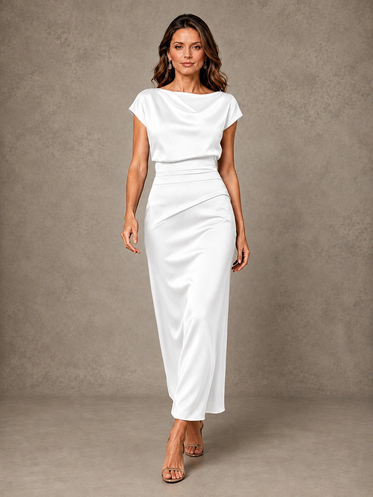 Cowl Neck Satin Mother of the Bride Dress with Ruched Waist
