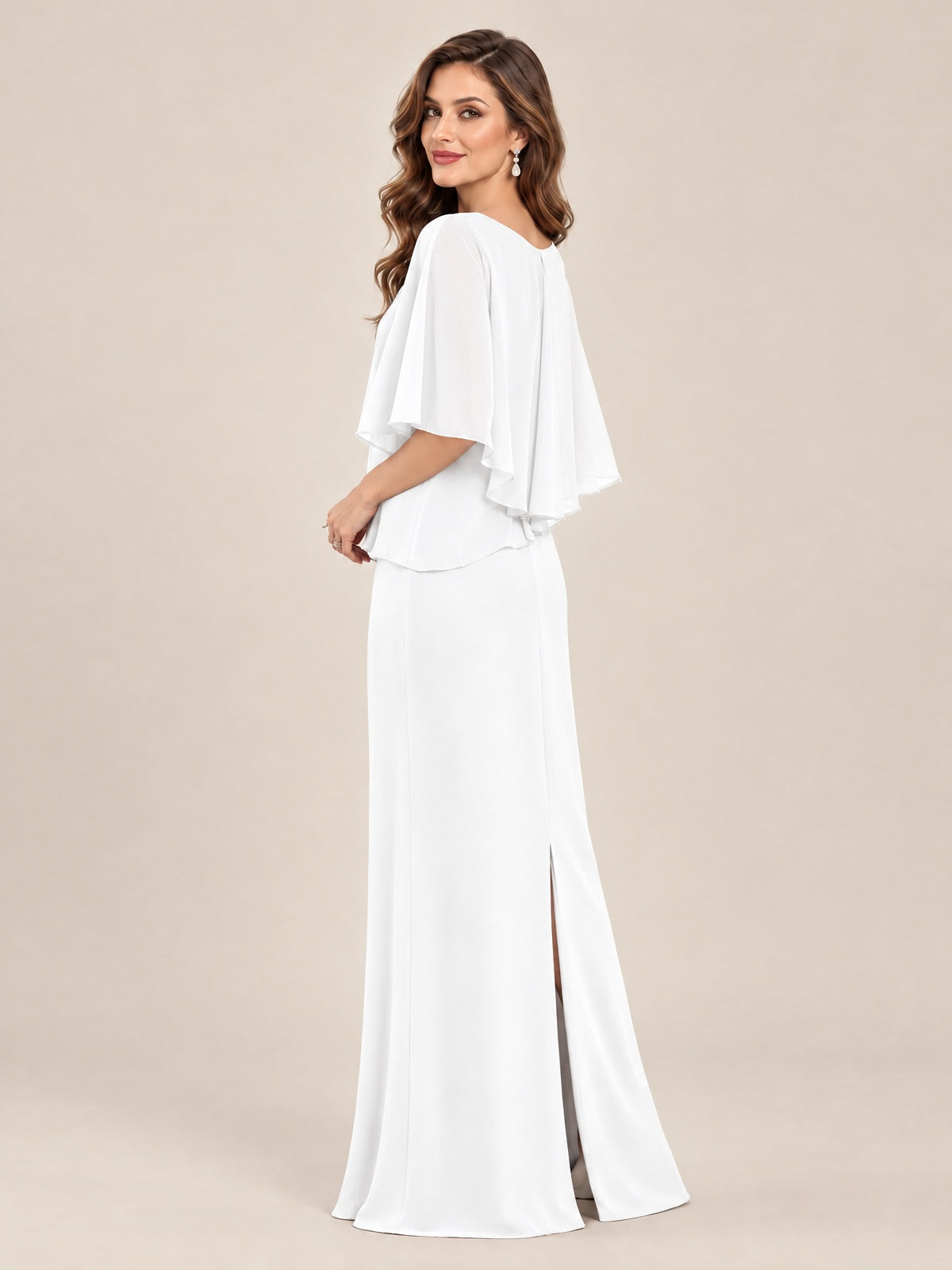 Cape Sleeve Mother of the Bride Dress with Asymmetrical Overlay