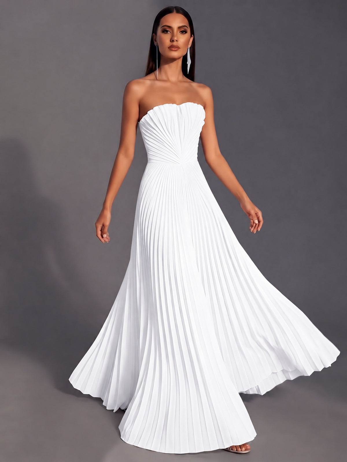 Strapless A-line Long Pleated Satin Prom Dress