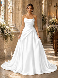 Split Pleated Satin Wedding Dress Strapless Bridal Wedding Gowns with Lace-Up Back
