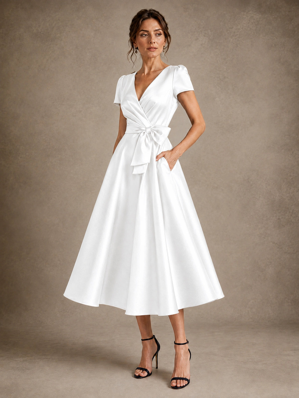 V-Neck Tea-Length Satin Mother of the Bride Dress with Bow
