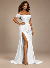 Burgundy Off-the-Shoulder Satin Corset Prom Dress with Slit