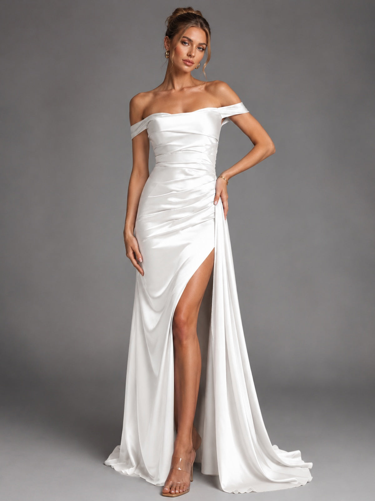 Off Shoulder Satin Maxi Dress with Slit