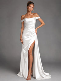 Off Shoulder Satin Maxi Dress with Slit