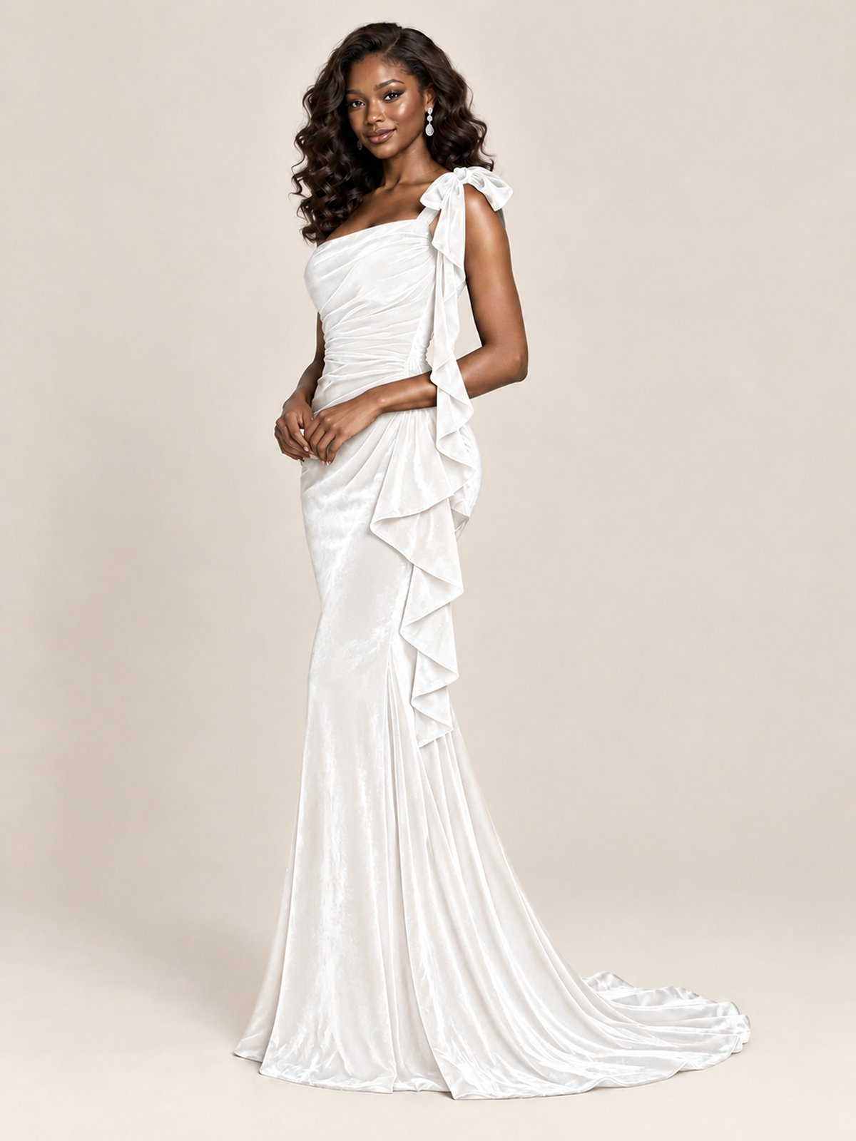 Black Velvet One-Shoulder Mermaid Evening Gown with Bow & Ruffles