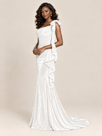Black Velvet One-Shoulder Mermaid Evening Gown with Bow & Ruffles