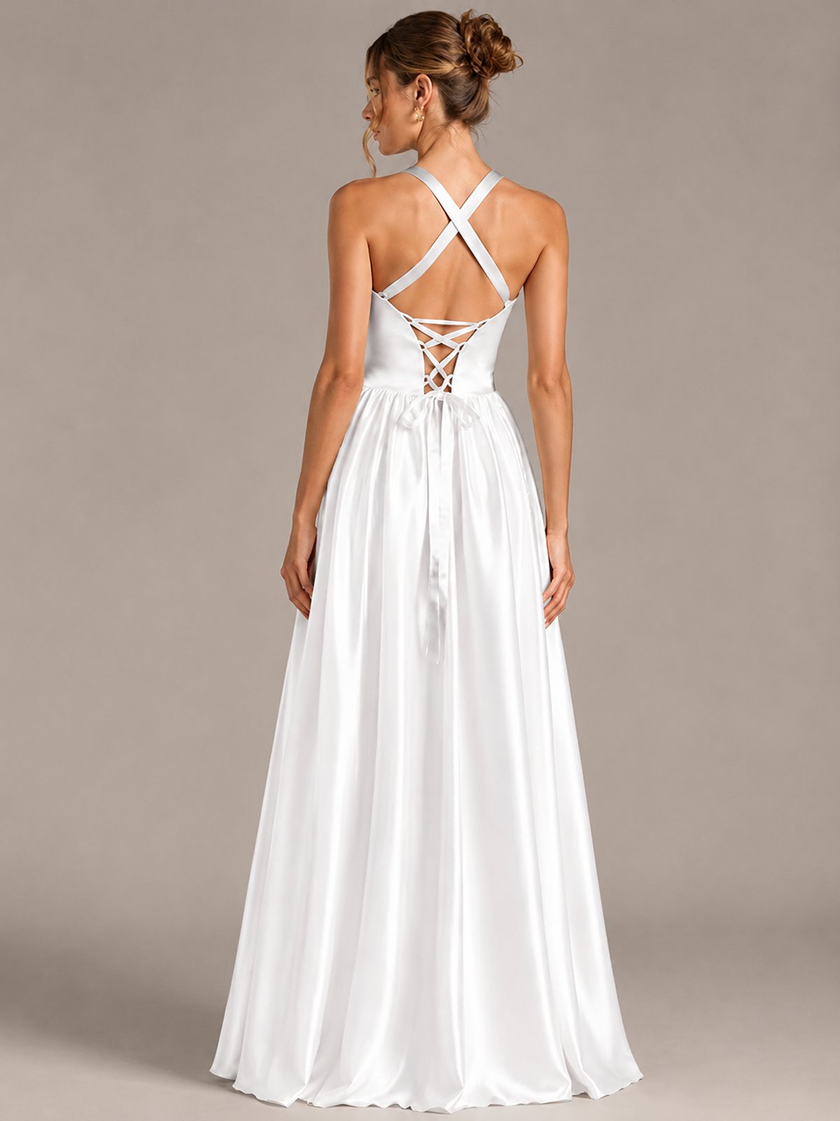 Light Yellow Halter Neck Satin A-Line Maxi Dress with Pockets