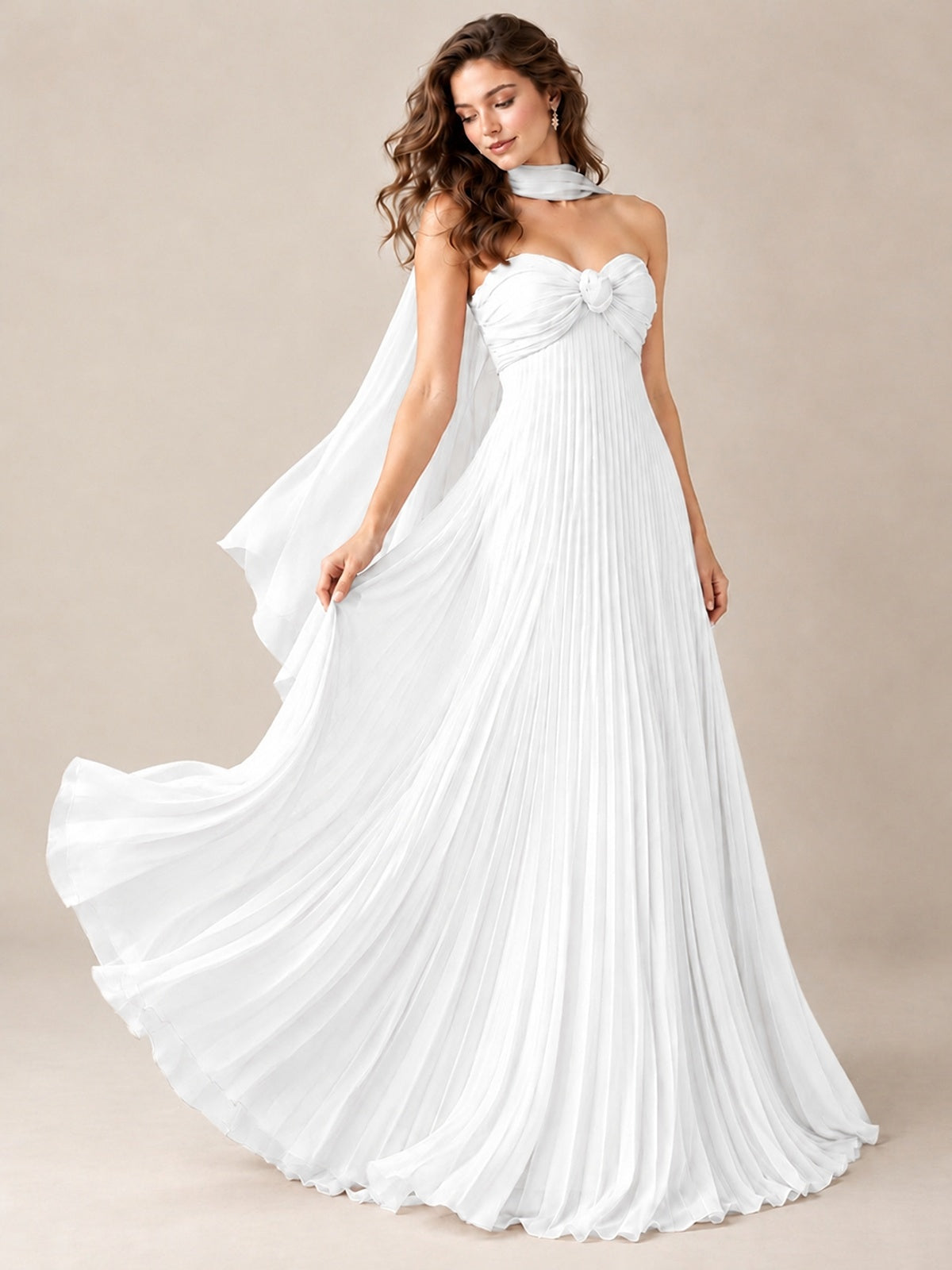 Sweetheart Neckline Pleated Prom Dress Strapless A-line Formal Dress with Flowy Scarf