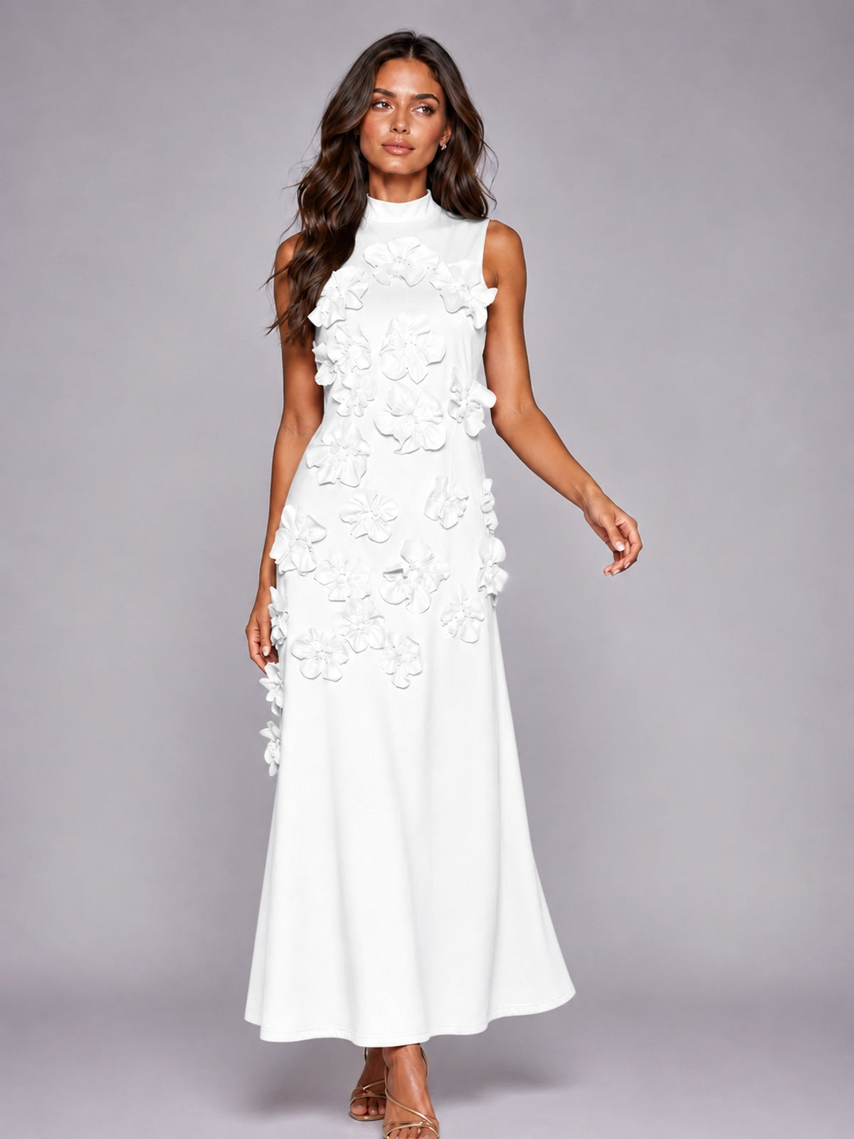 3D Floral Applique High Neck Prom Maxi Dress