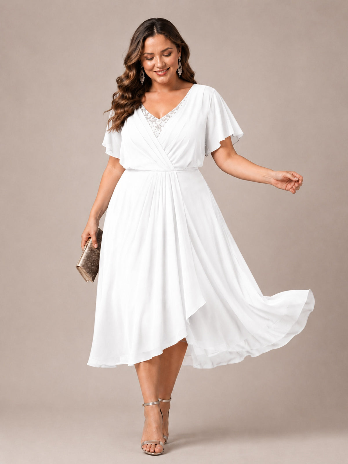 Navy Blue A-Line V-Neck Tea-Length Mother of the Bride Dress